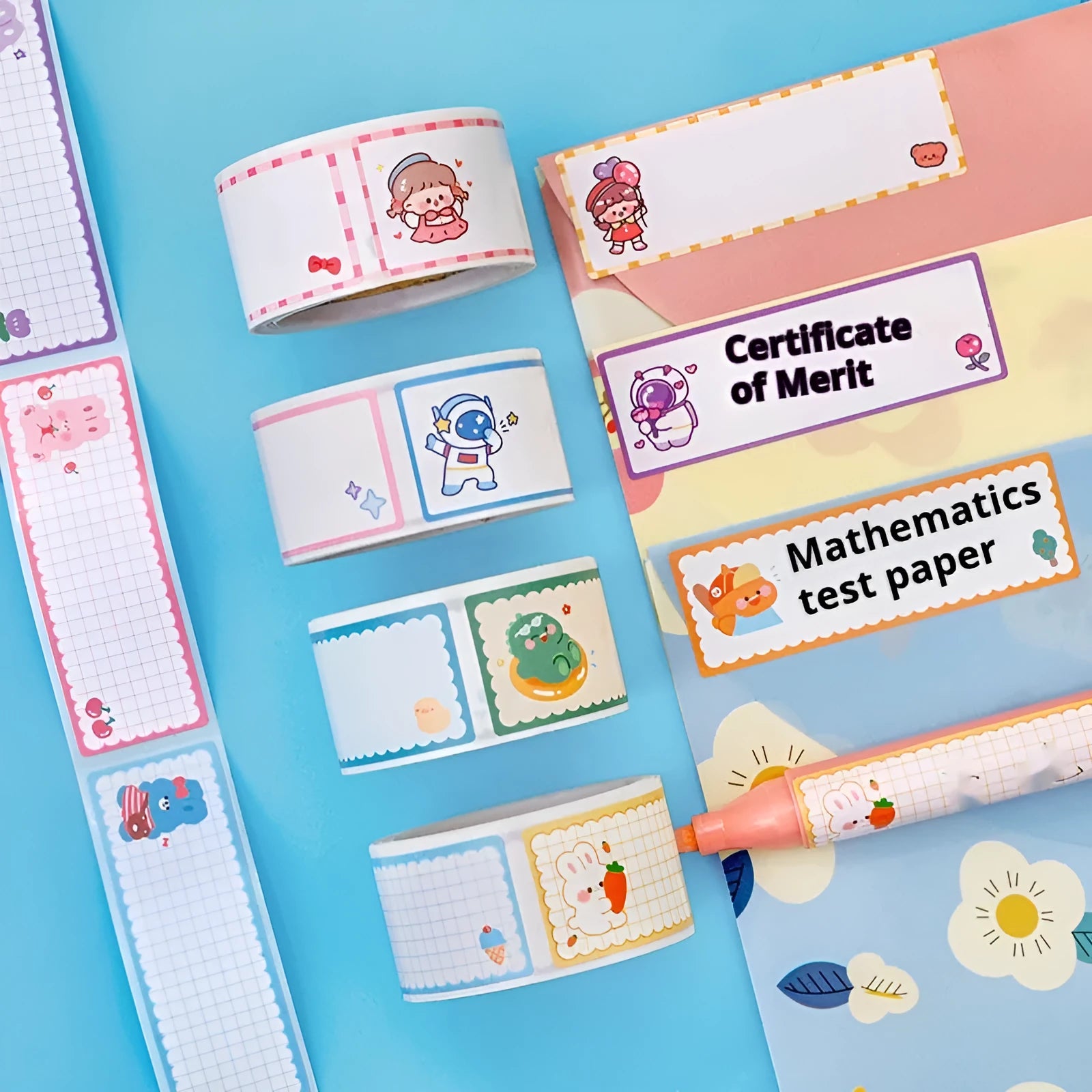 Roll of colourful cartoon name tape stickers showing Dinosaur, Astronaut, Rabbit, and Girl design options.
