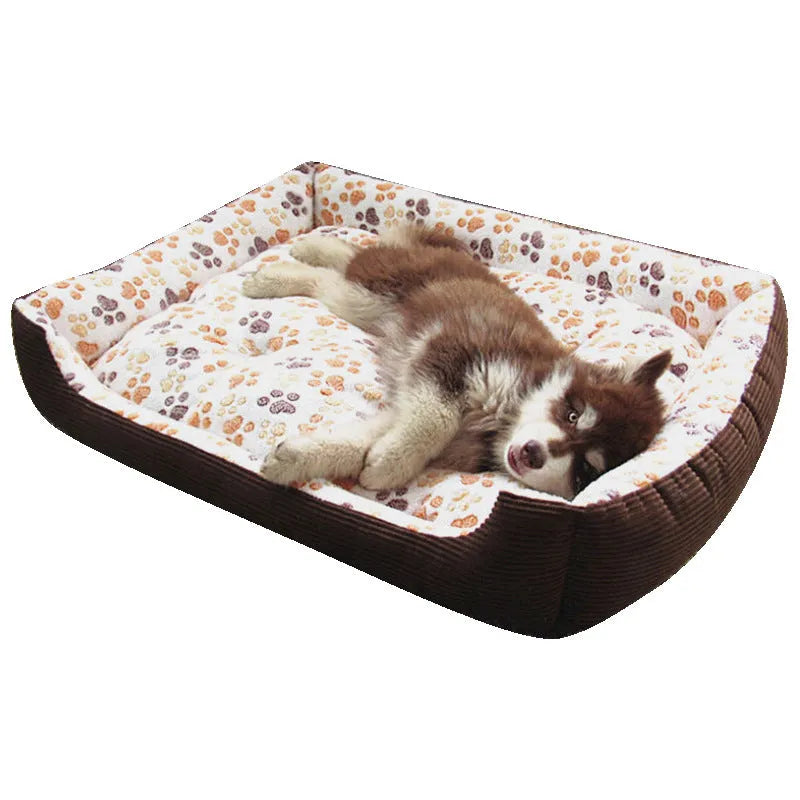 Beige soft plush sofa-style pet dog bed with raised sides for a small dog.