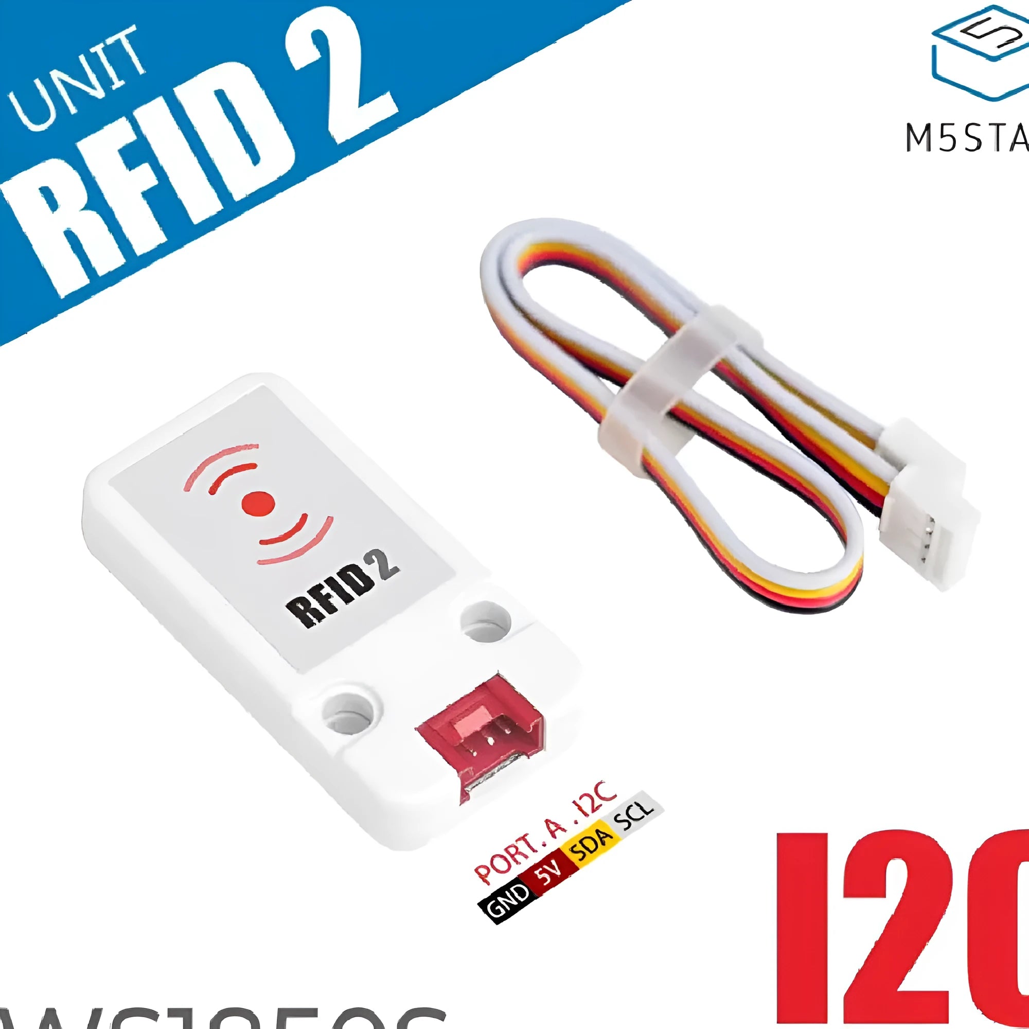 M5Stack WS1850S RFID sensor module on a white background, showing 7cm by 2cm size and HY2.0 connector.
