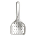 Grey plastic cat litter scoop with self-cleaning base and attached storage bin.