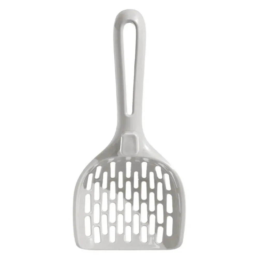 Grey plastic cat litter scoop with self-cleaning base and attached storage bin.
