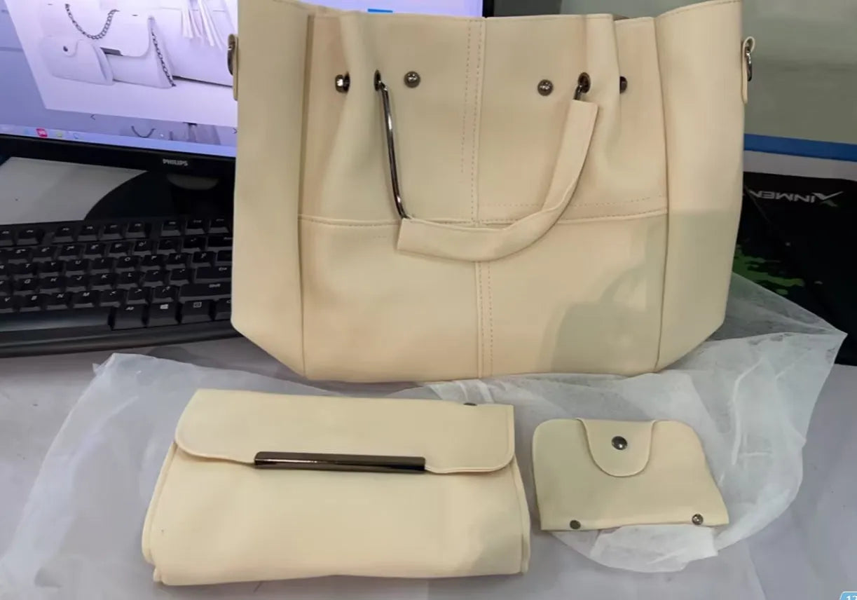 PU leather three-piece messenger bag set for women with tassel detail in coffee colour