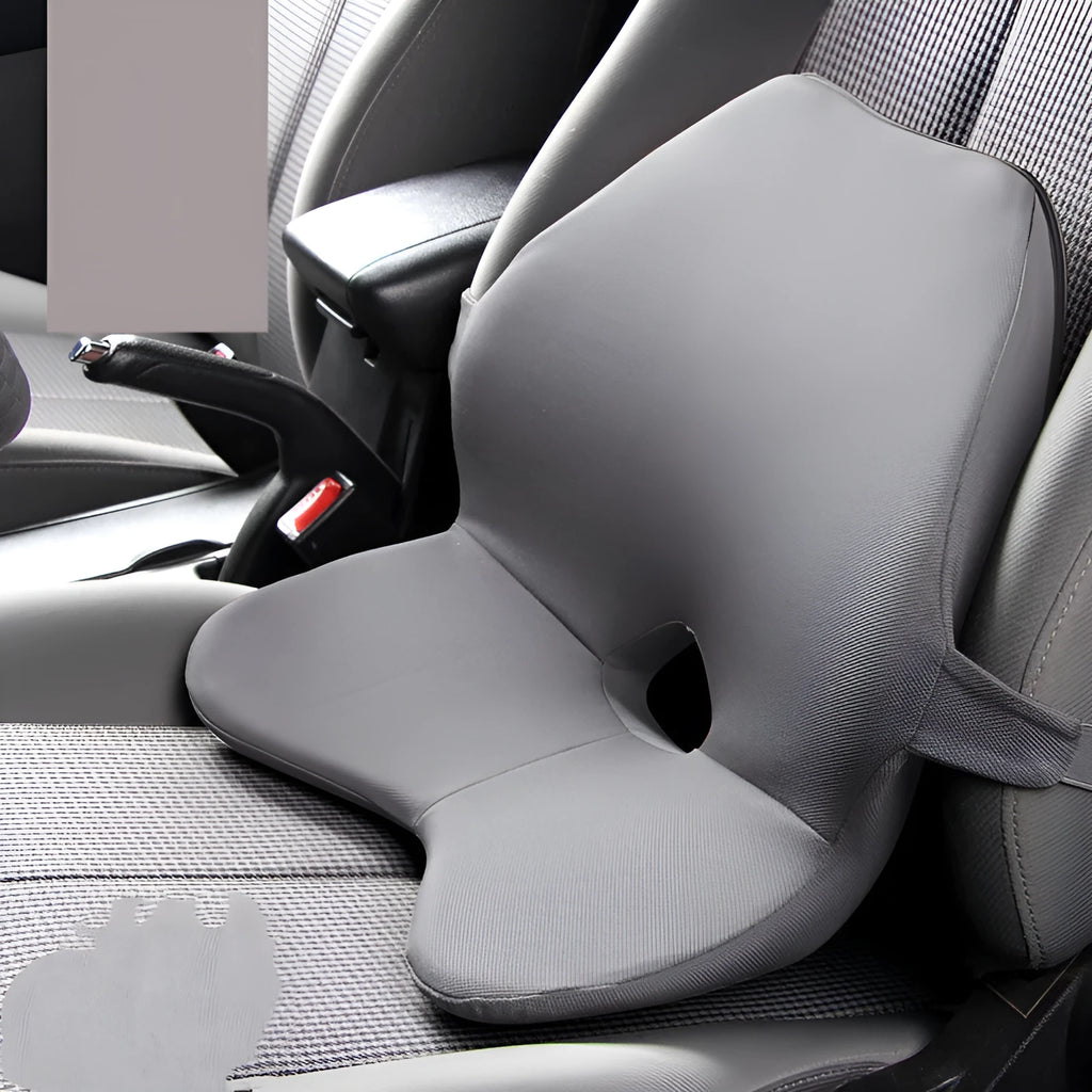 Memory foam car seat waist support pad in beige colour with optional headrest attachment