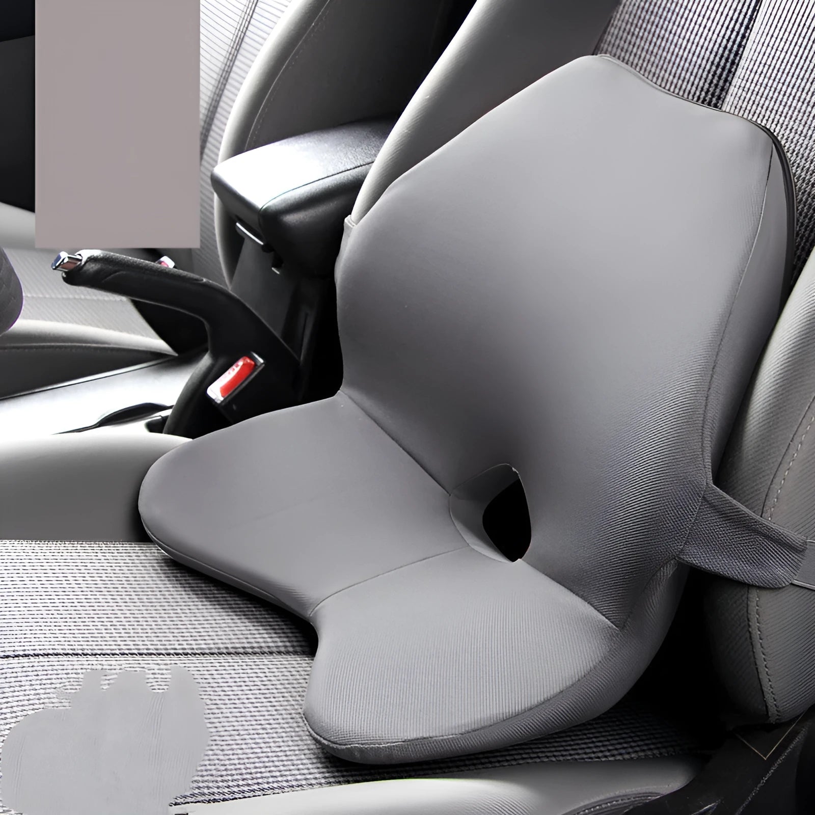 Memory foam car seat waist support pad in beige colour with optional headrest attachment