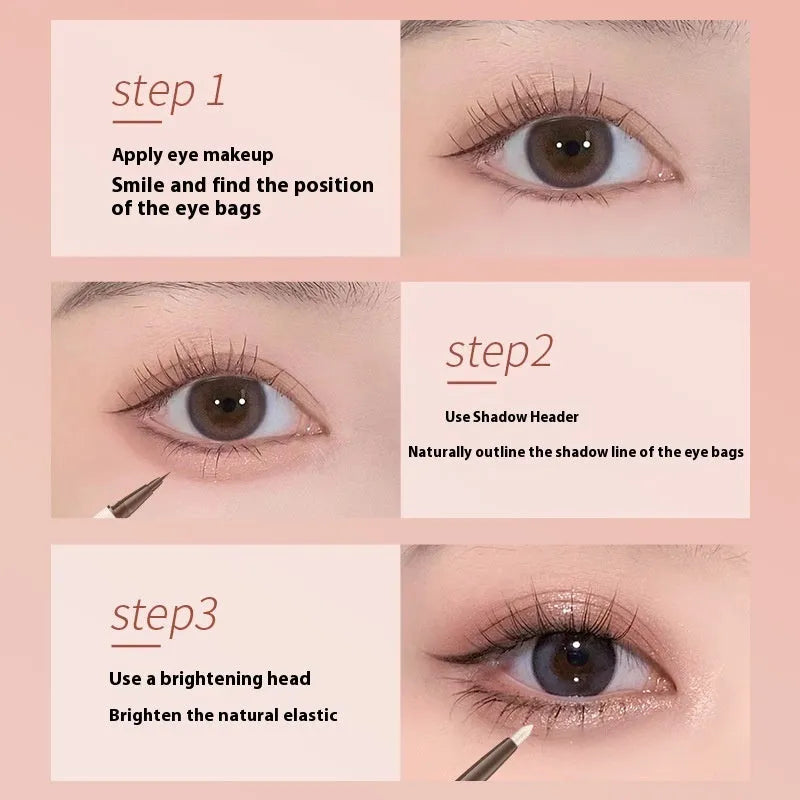 Double-headed silkworm pen eyeliner with pearlescent floating platinum and nude apricot colours