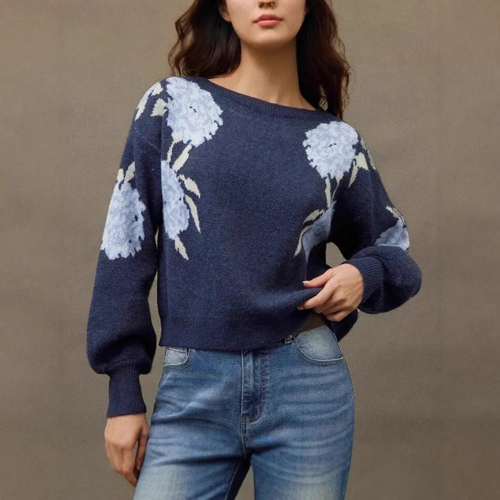 Sapphire blue women's off-neck pullover with floral jacquard pattern and loose casual fit