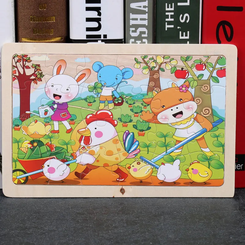 80-piece wooden animal puzzle set in iron box, designed for children aged 3 and over, featuring bear and riding themes