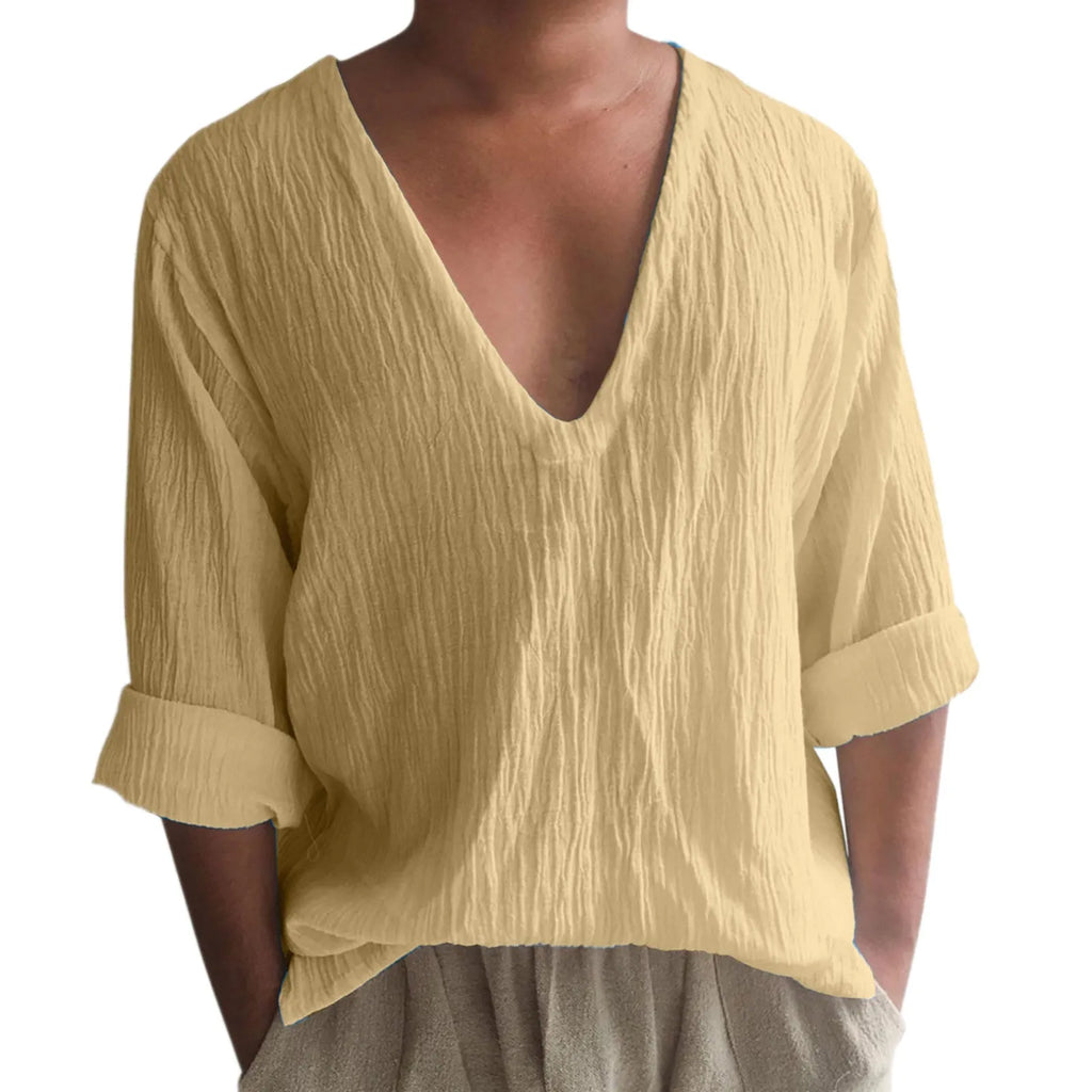 Men's washed cotton long sleeve V-neck T-shirt in solid colours on a size chart