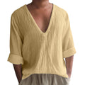 Men's washed cotton long sleeve V-neck T-shirt in solid colours on a size chart