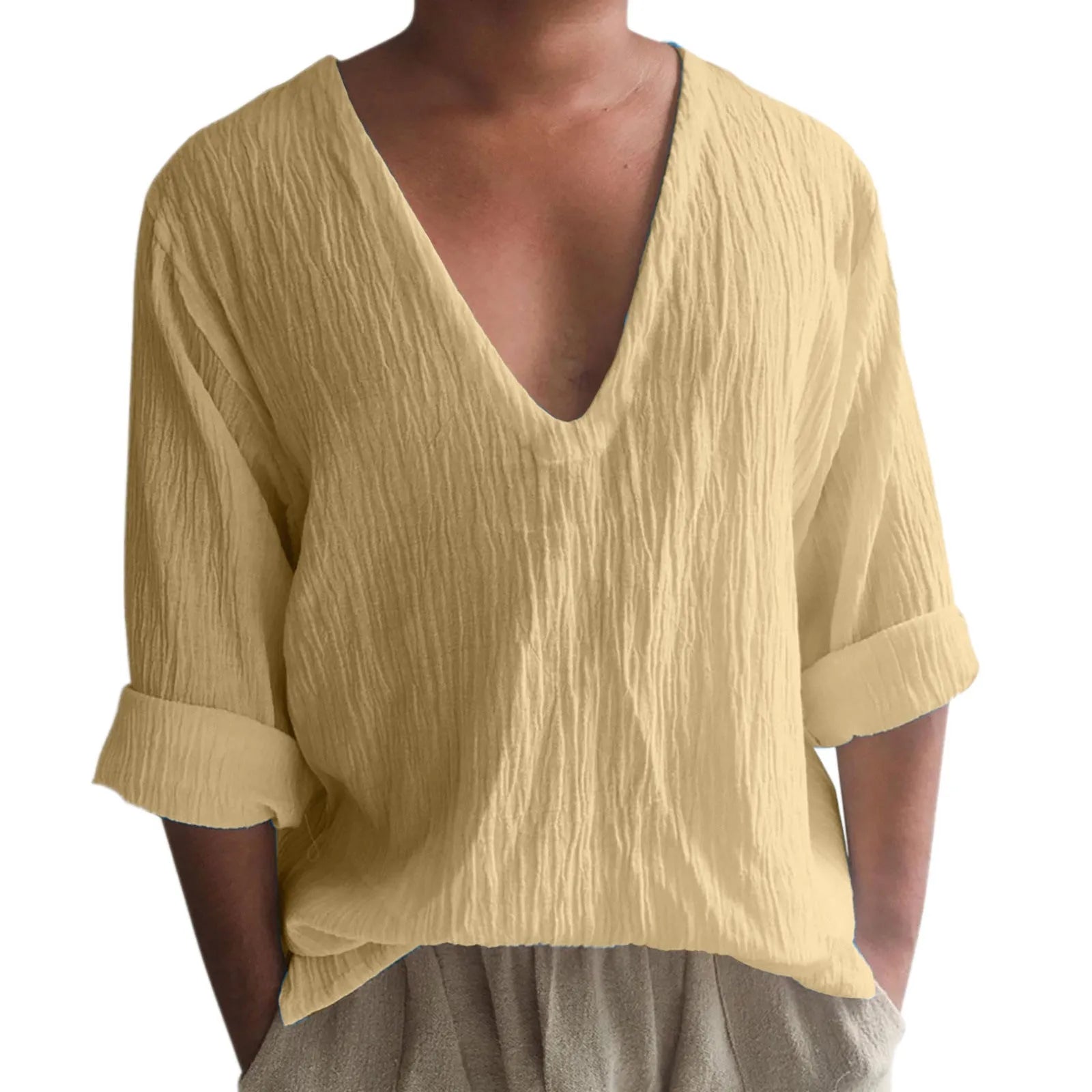 Men's washed cotton long sleeve V-neck T-shirt in solid colours on a size chart