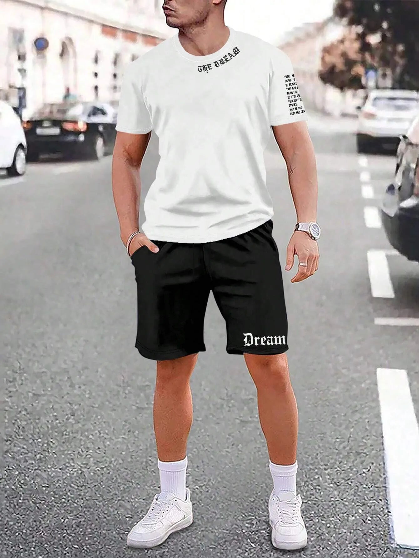 Men's printed polyester blend short sleeve top and matching shorts casual sports set