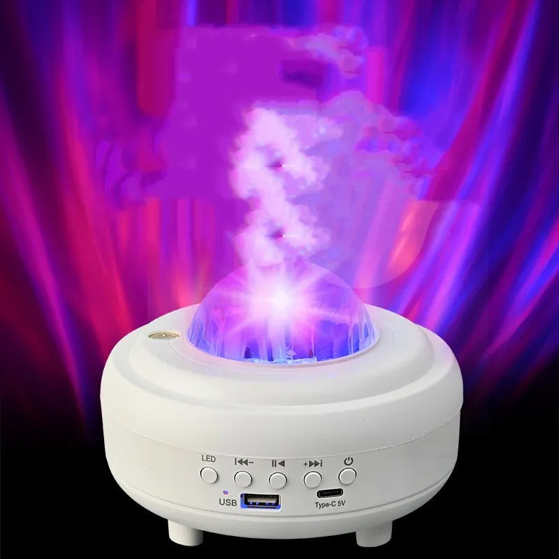 White Bluetooth galaxy star projector night lamp showing starry sky projection on a wall.