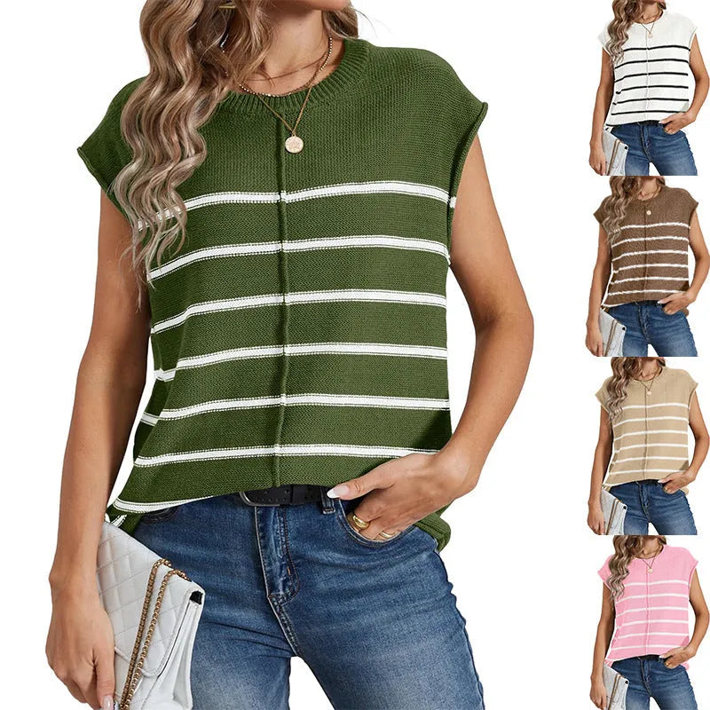 Women's striped sleeveless pullover vest in acrylic knit with bone stitching details.