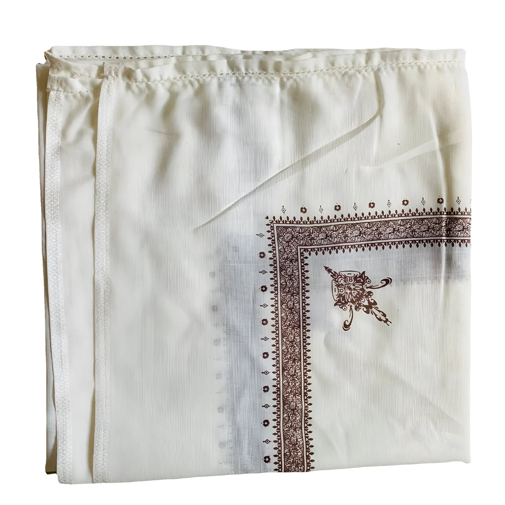 Printed square polyester scarf showing 138cm dimensions and printed pattern design in available colours