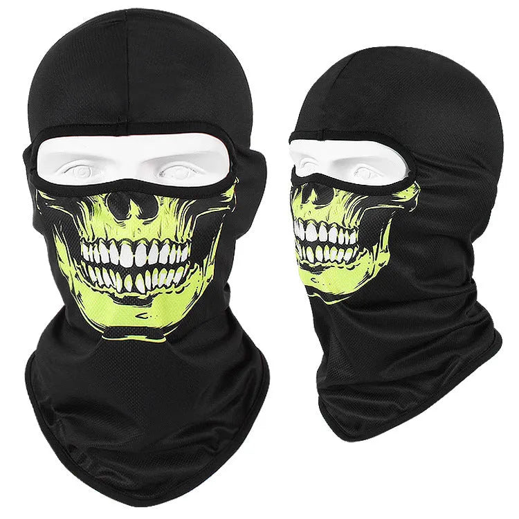 Bakool silk motorcycle skull mask in a skeleton design, sized 36cm by 29cm