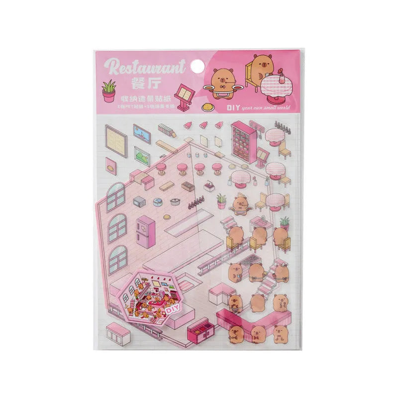 Set of eight Capabala cut-free 3D cartoon shop stickers showing bakery, bookstore, and flower shop designs.