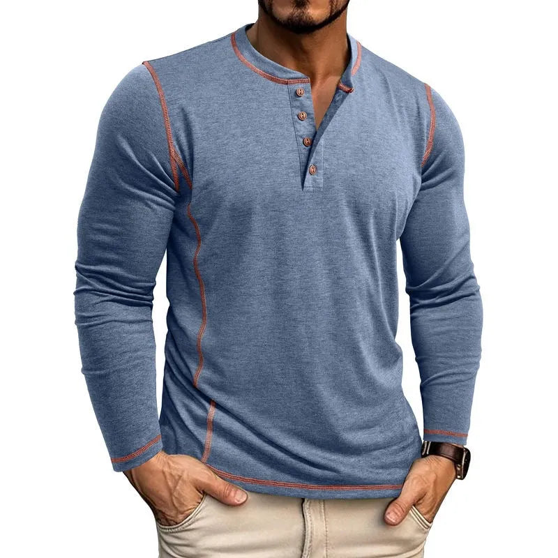 Men's cotton blend Henley shirt with four-button top, slim fit, available in blue, sizes S to 3XL