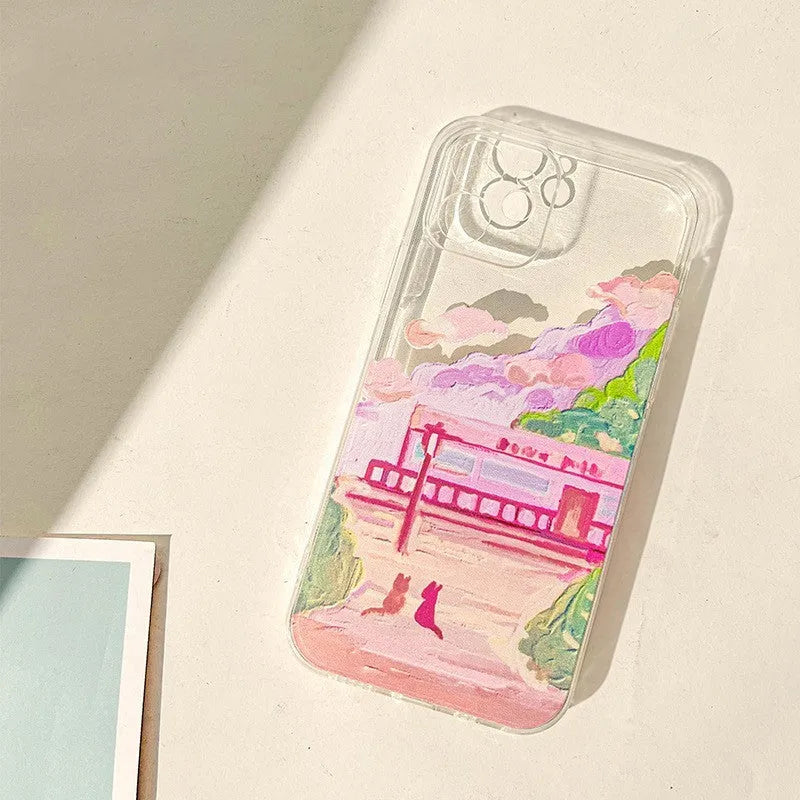 iPhone hard case with a cartoon graphic of two cats printed on the back.