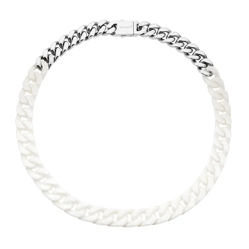 Classic patchwork ceramic chain necklace in black and white with titanium steel options, 13mm width, 45cm length