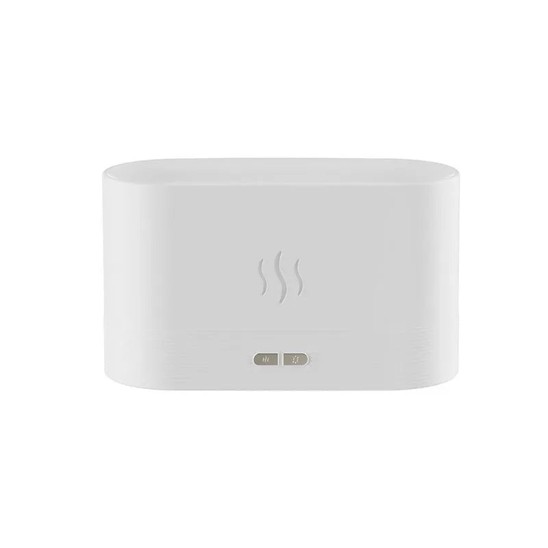 Square 180ml ultrasonic aroma diffuser with flame LED light in black, on a desk with visible mist