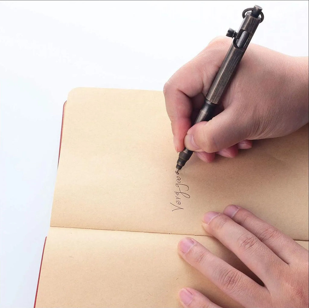Brass hexagonal tactical pen in natural colour or black finish, 13cm length with bolt design