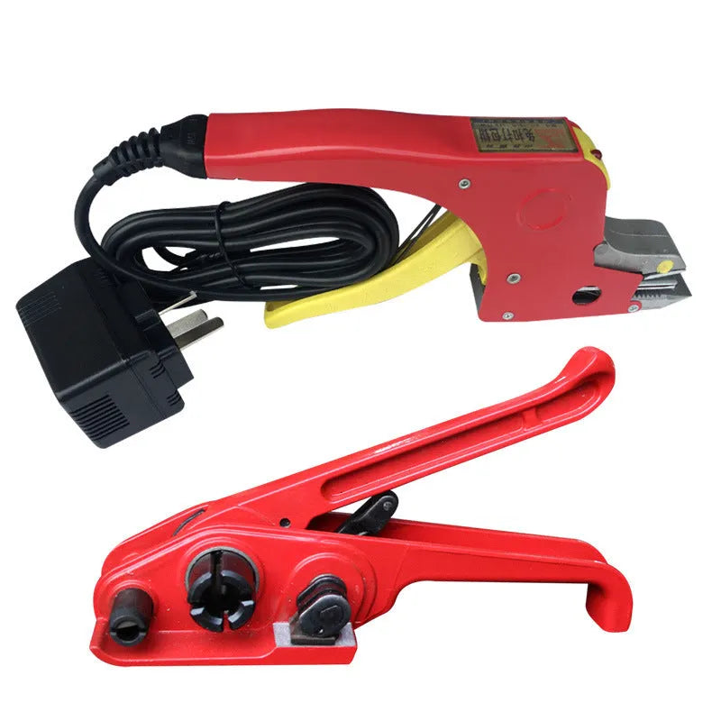 Electric hot melt packing machine with plastic steel tensioner and yellow packaging tape for portable buckle-free packing