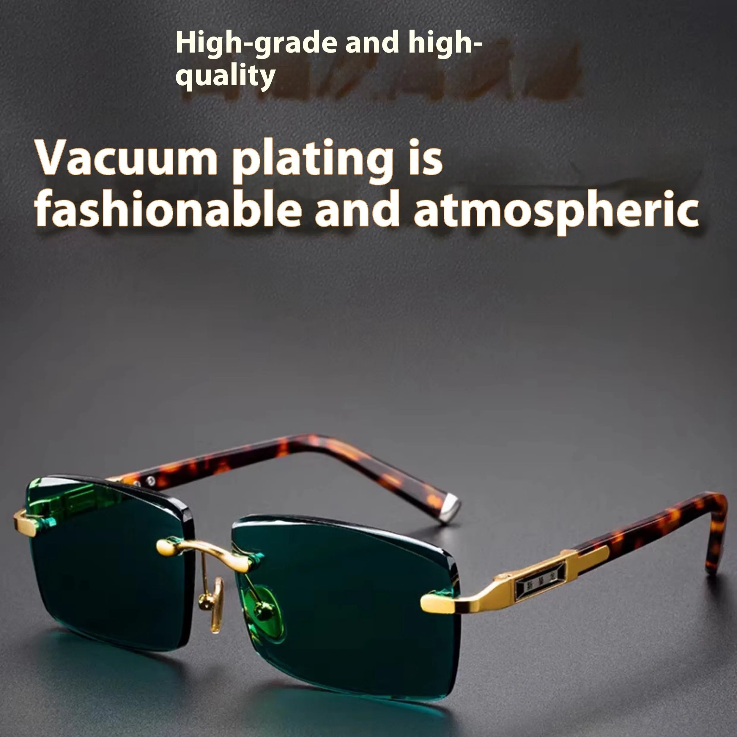 A pair of frameless sunglasses with dark green crystal lenses, shown with a glasses case and cleaning cloth.