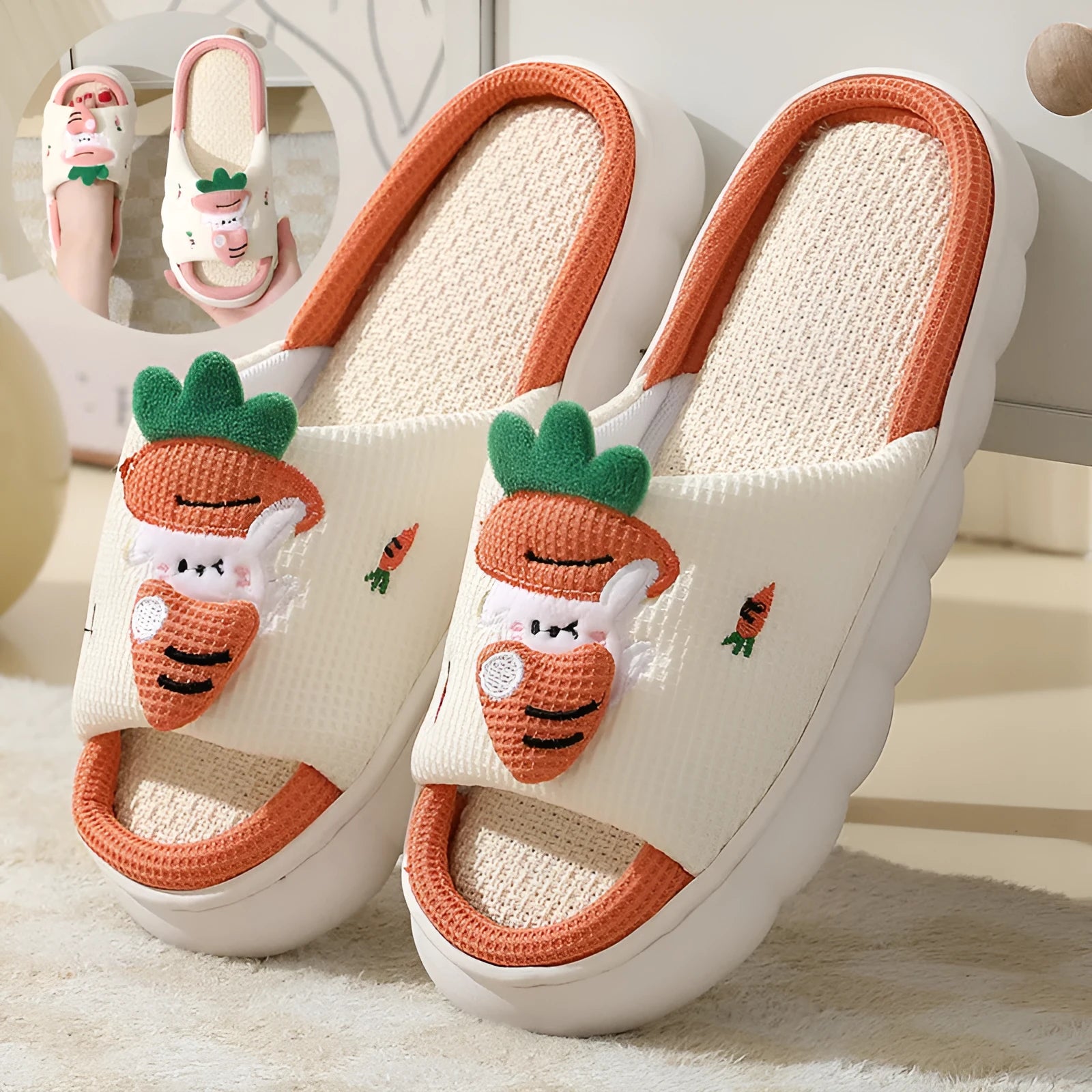 Cute carrot rabbit linen slippers with non-slip thick bottom in orange