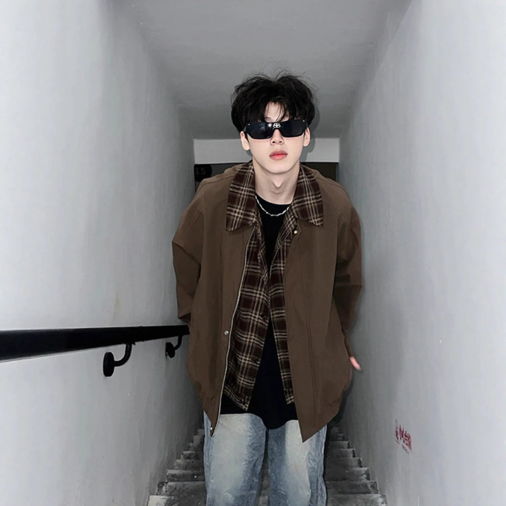 Men's spring-autumn fake two-piece jacket in black, loose fit, with side pockets and long sleeves