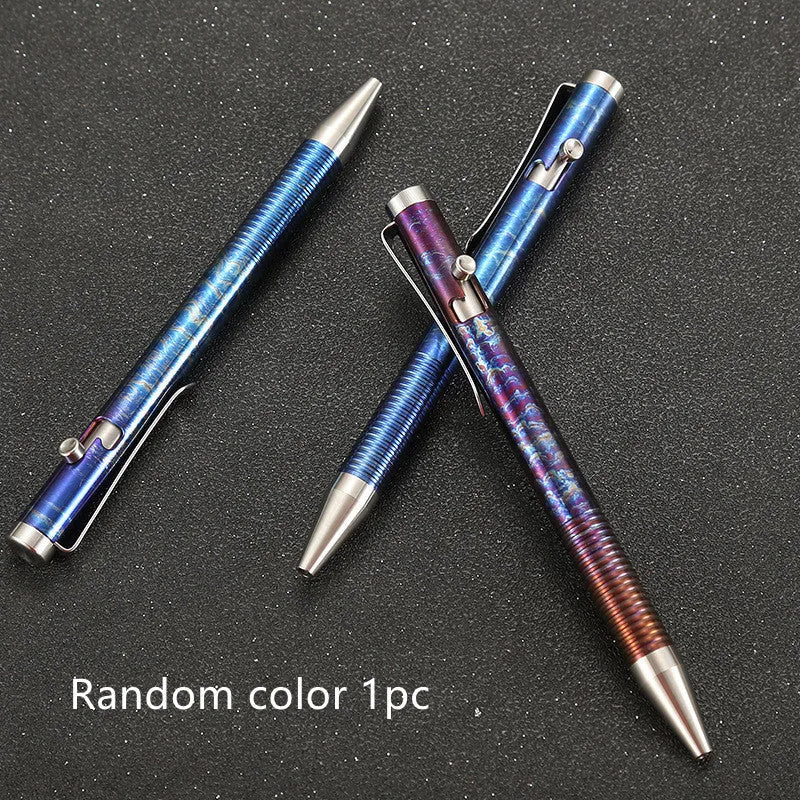 Titanium alloy ballpoint pen with magic color phantom finish and gun bolt handle design, 122mm length
