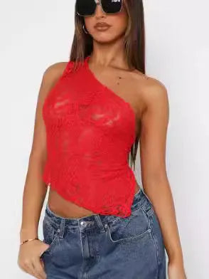 Women's sleeveless lace backless top with asymmetrical neckline in a solid colour.