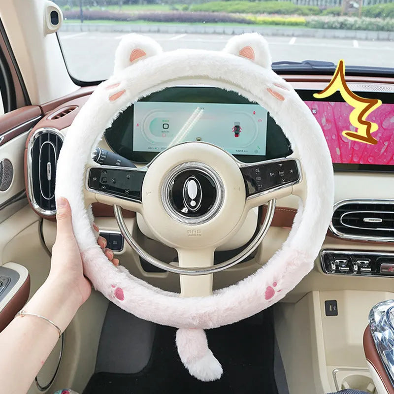 Plush rabbit fur steering wheel cover with embroidered cartoon animal pattern showing 38cm diameter