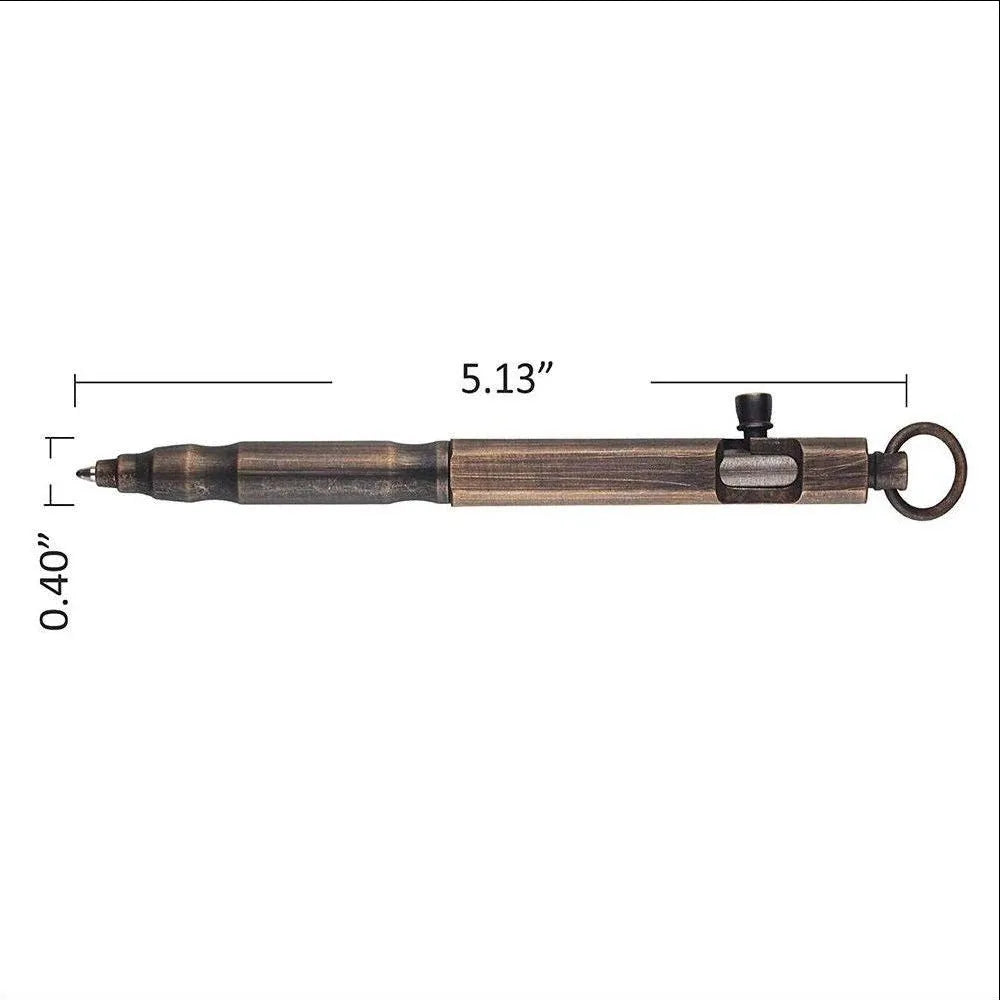 Brass hexagonal tactical pen in natural colour or black finish, 13cm length with bolt design
