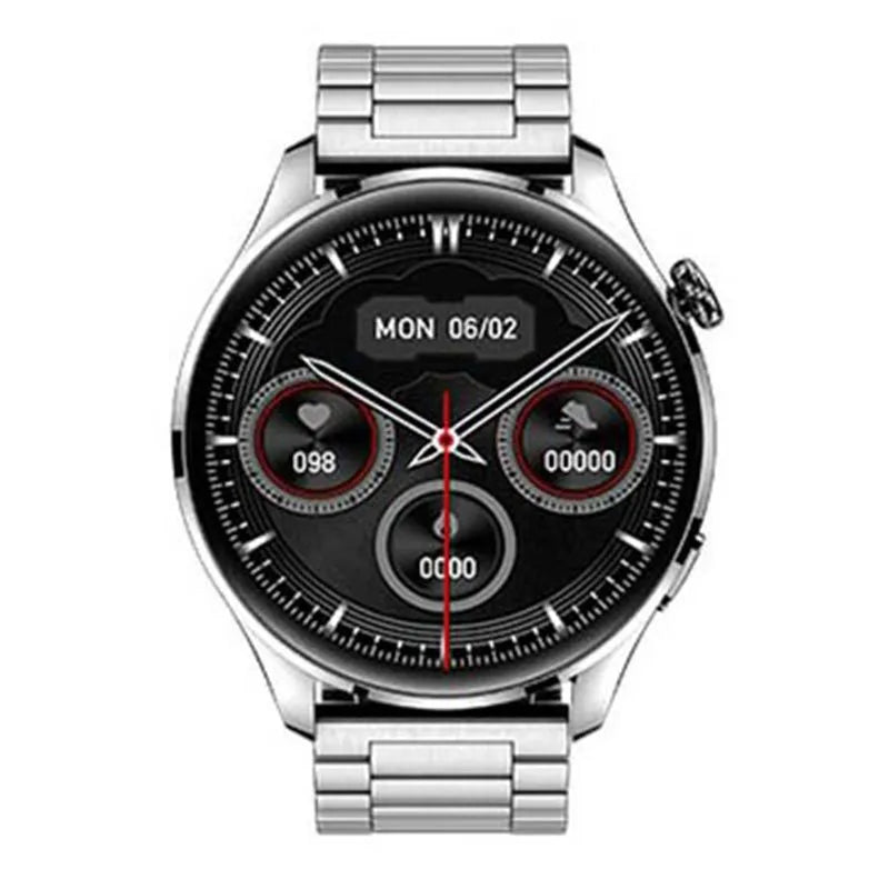 Black smartwatch with round colour screen on a silicone strap, showing call interface.