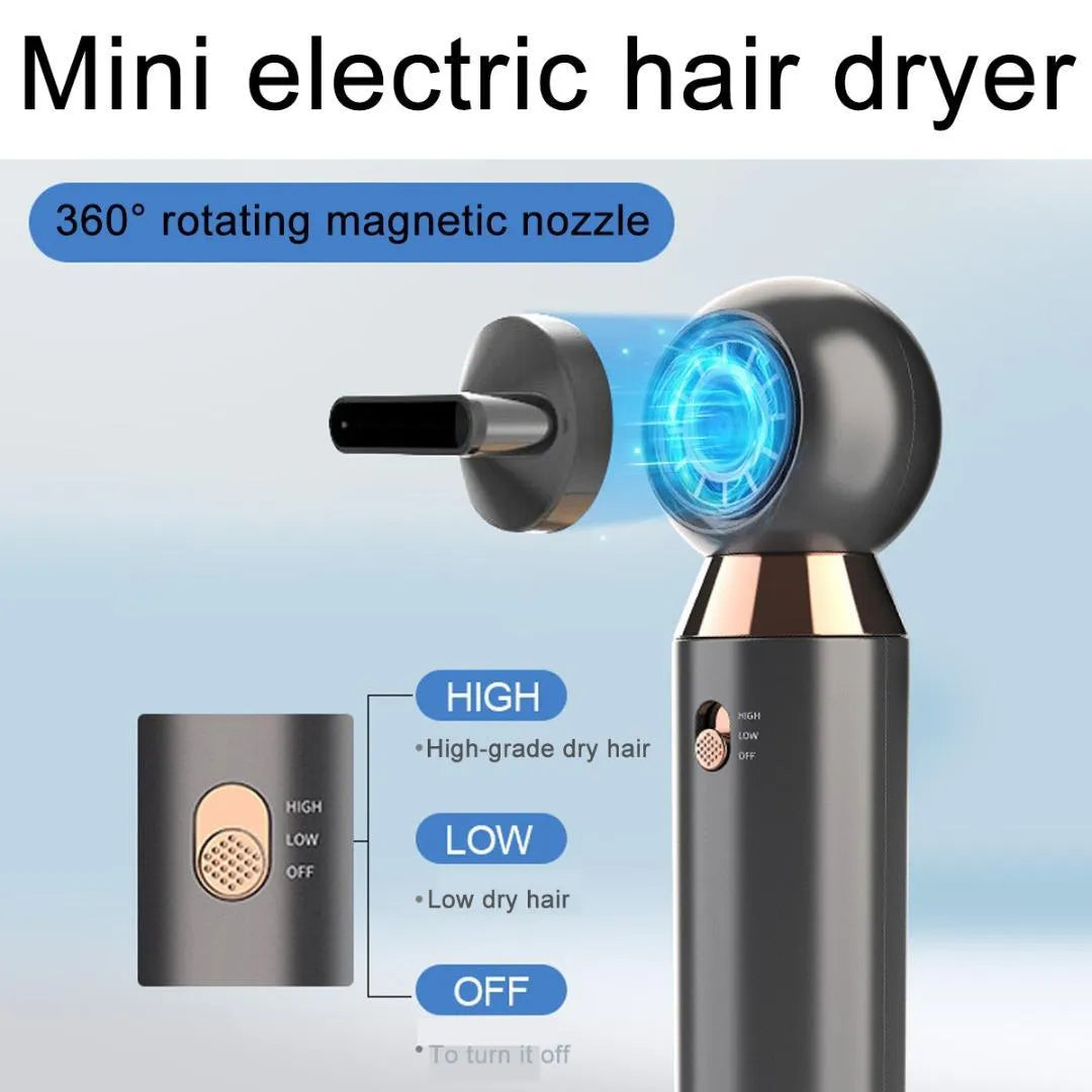 Compact white hair dryer with diffuser accessory, measuring 20cm long with safety plug