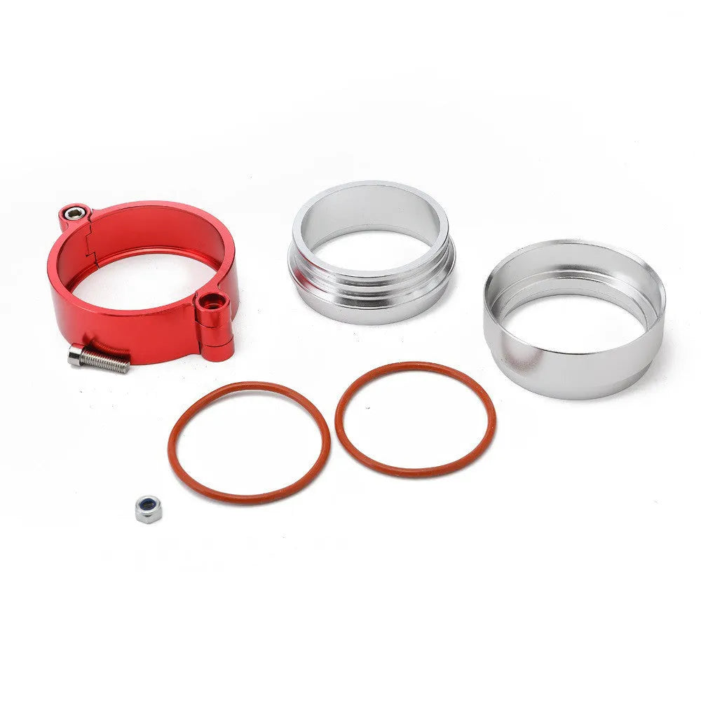 Aluminium turbocharger exhaust clamp in black, blue, or red for 2" to 4" downpipes