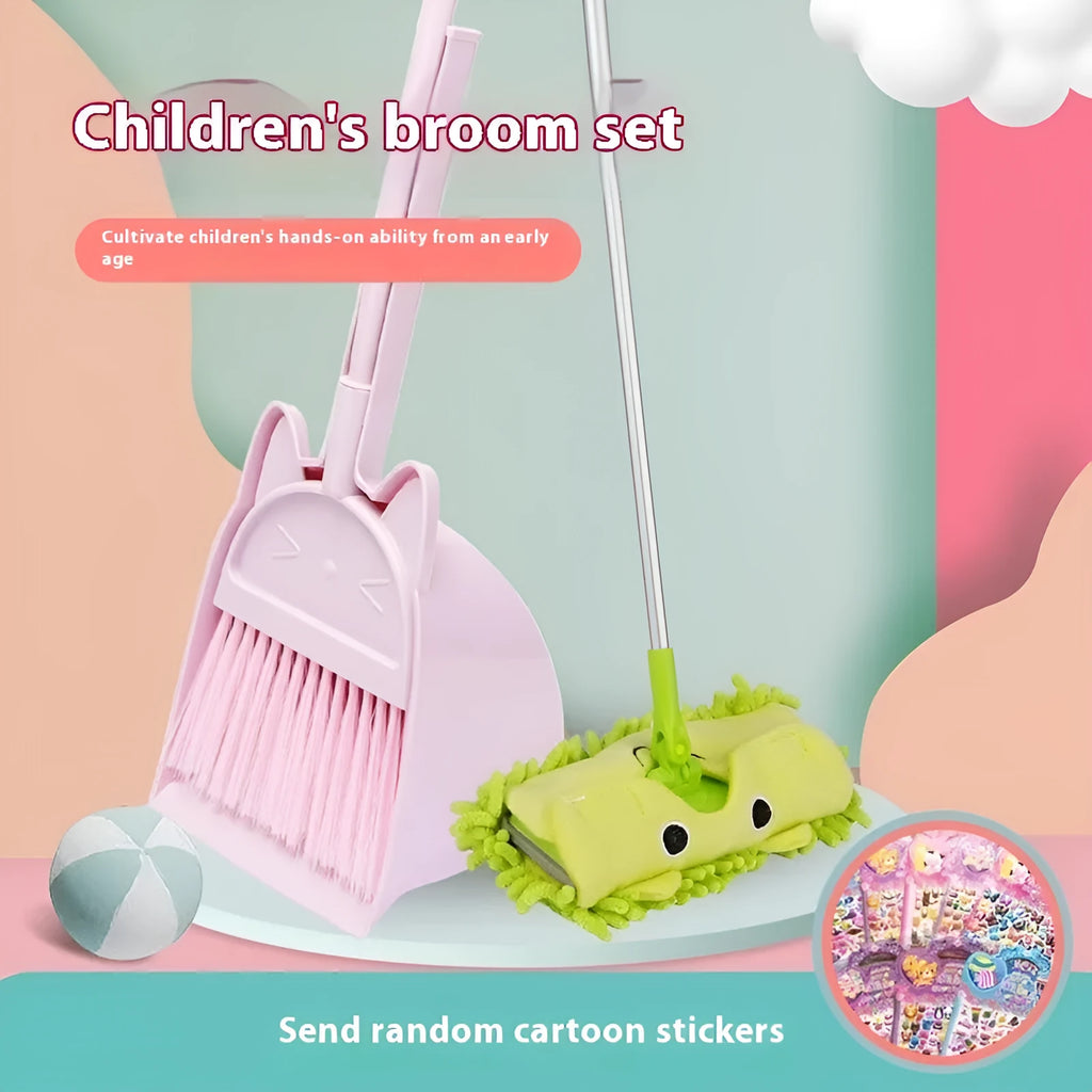 Purple, green, and beige plastic broom and dustpan set with rotating holder.