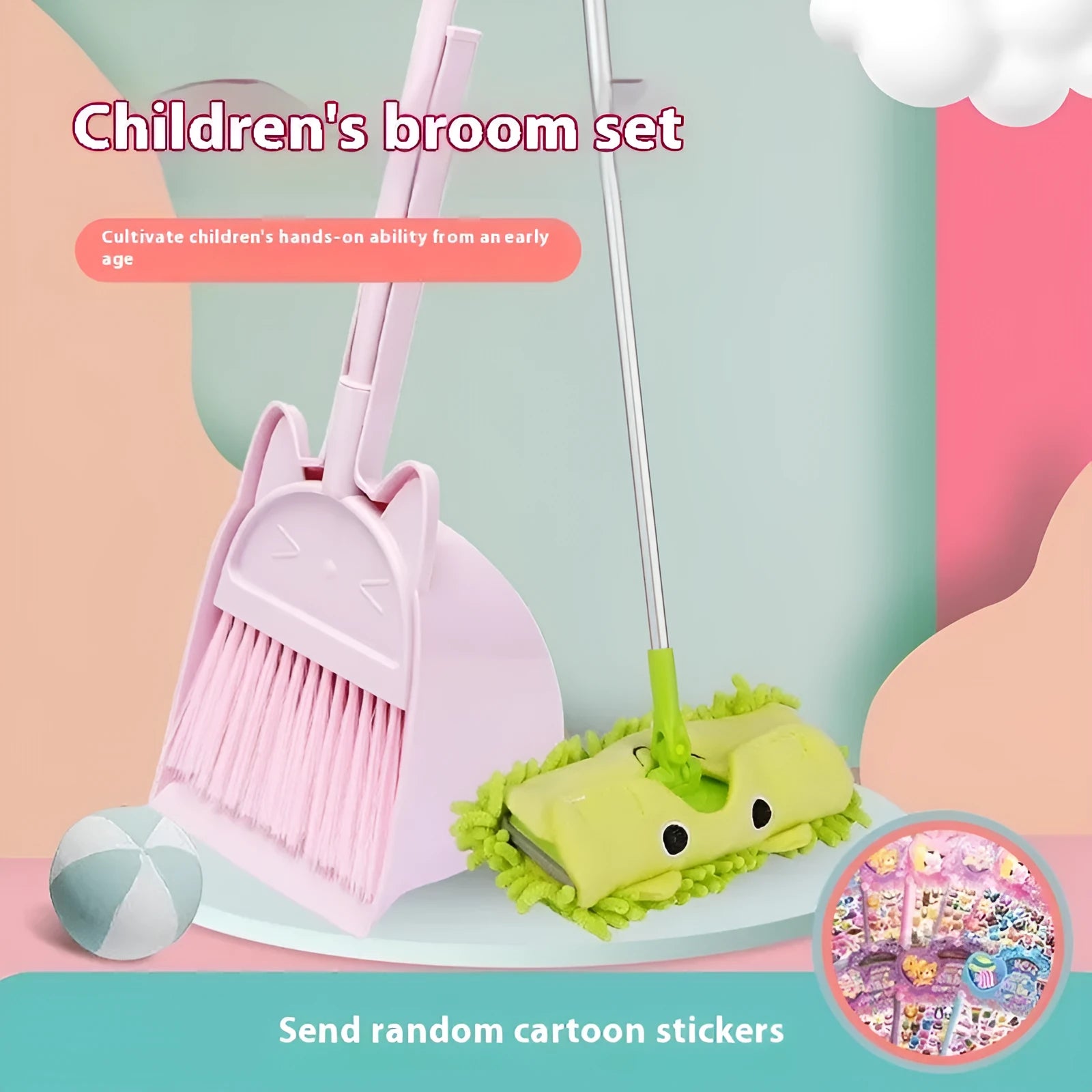 Purple, green, and beige plastic broom and dustpan set with rotating holder.