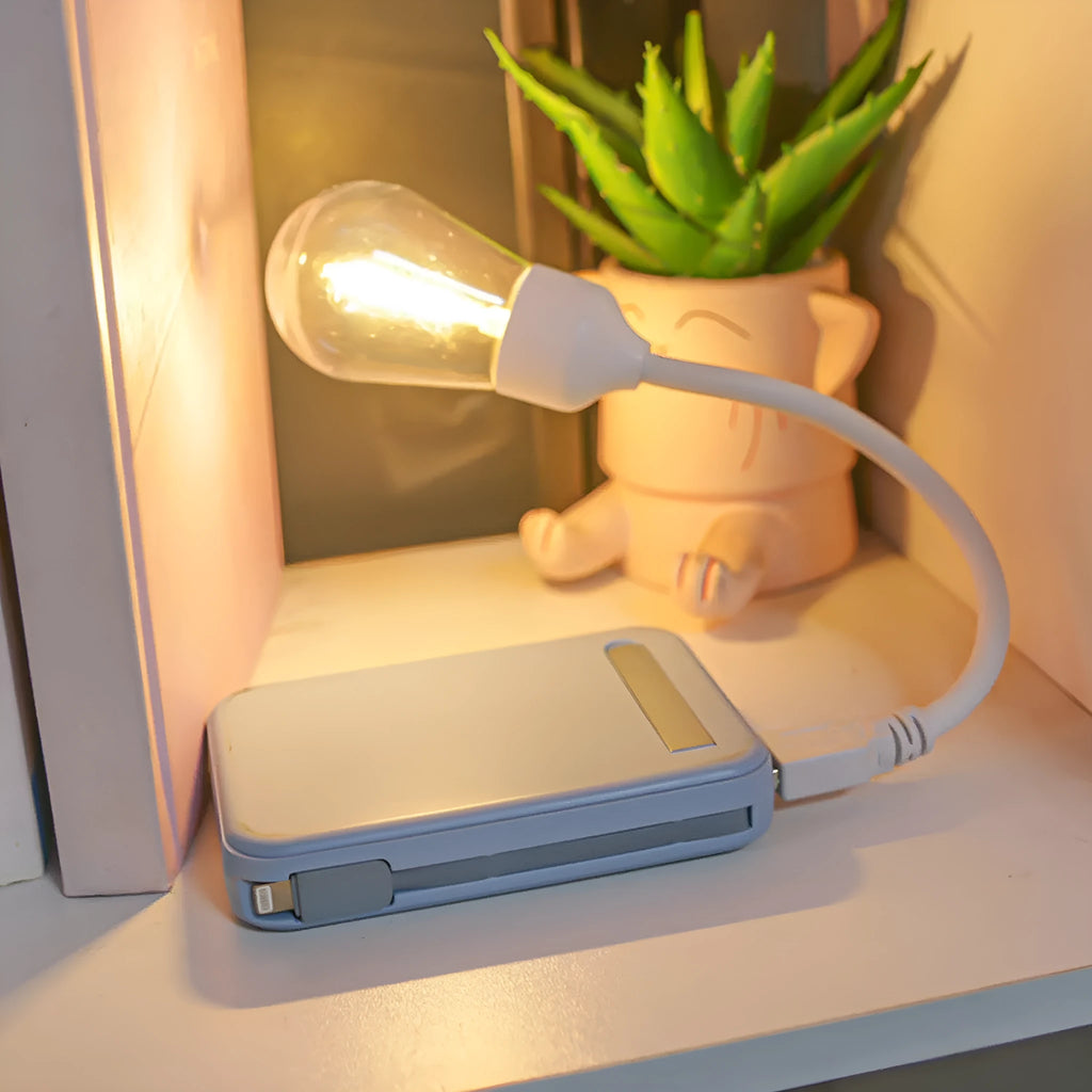 USB rechargeable folding night light with tungsten LED bulb in folded and unfolded positions