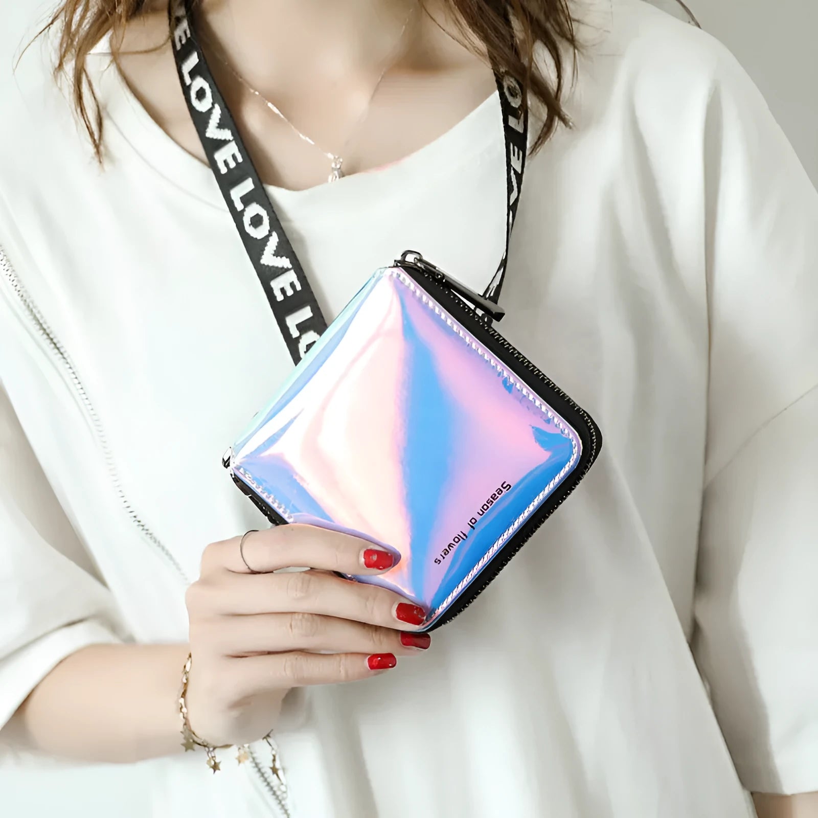 Short Korean style PU leather women's folding wallet in glitter, blue or green, showing compact 11cm size.