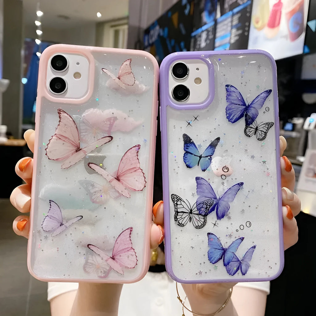 Gray epoxy glitter butterfly TPU phone case for iPhone on white background
