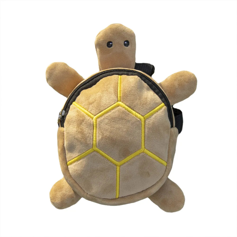 Cartoon turtle shape dog backpack with harness vest in velvet material showing 20x18cm capacity