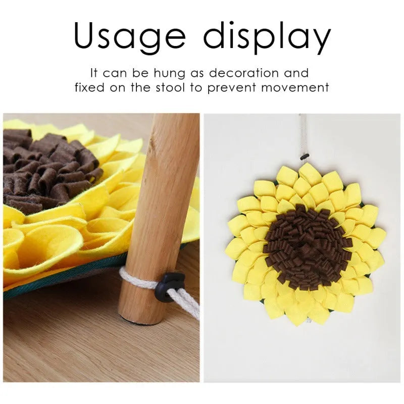 Yellow sunflower-patterned dog snuffle mat for slow feeding and nosework training