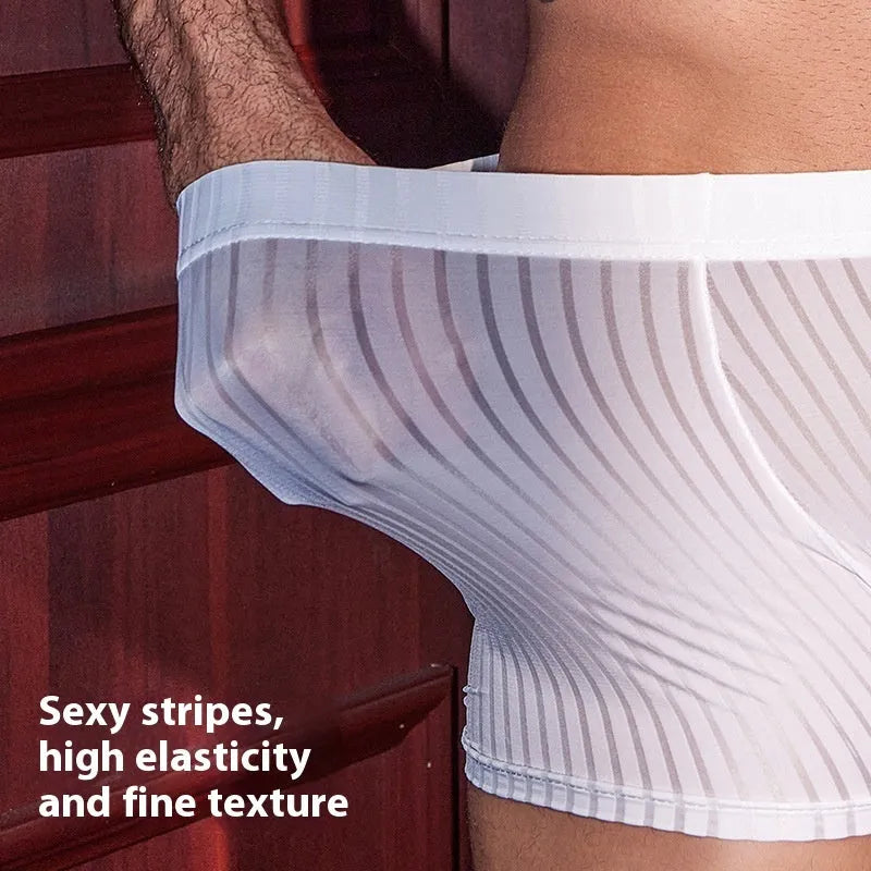 Men's black striped nylon boxer briefs on a white background