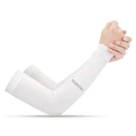 Printed viscose fibre sun protection oversleeves in floral design with elasticated cuffs.