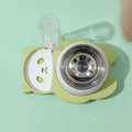 Grey panda-shaped automatic pet water dispenser and tilted food bowl set on a table.