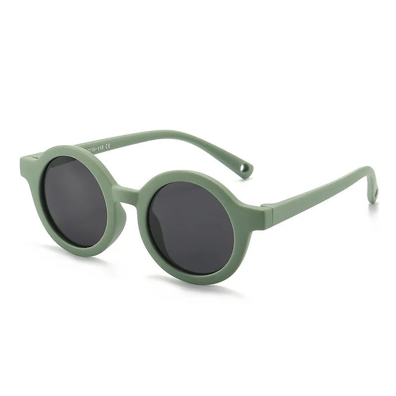 Children's silicone sunglasses with round frames for 0-3 year olds in multiple colour options showing UV400 and polarized protection