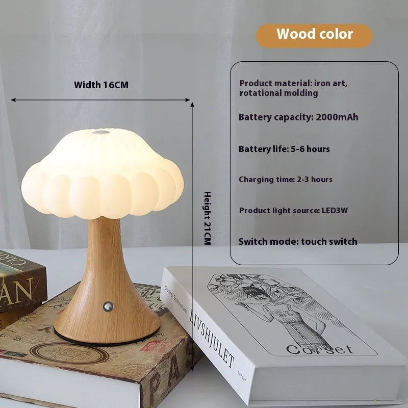 Mushroom-shaped touch lamp with USB charging in wood grain, white, cream, grey, or black for bar and cafe decoration