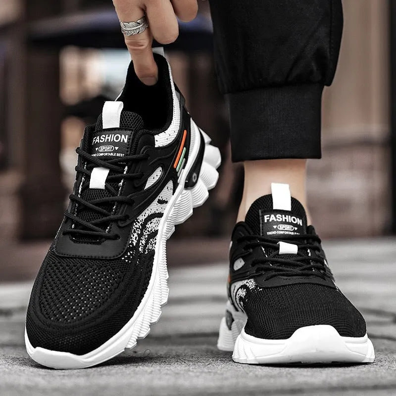 Men's white blue platform casual running shoes with mesh upper and rubber sole