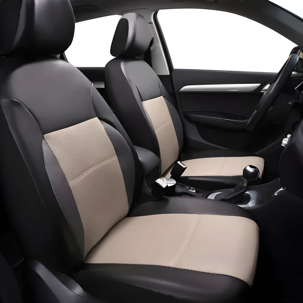 Artificial leather car seat cover set with front seat, backrest, and headrest pieces in multiple colour options